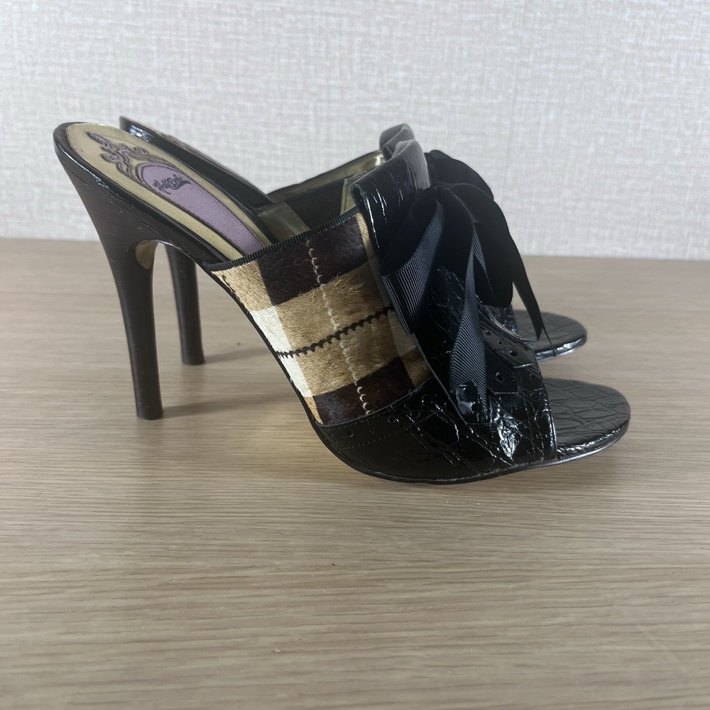 Hale Bob Pony Hair Plaid Patent Leather Mule Heels Bow Peep Toe 10 CityCore - Picture 3 of 14